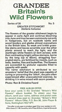 Greater Stitchwort: Stellaria holostea. Cigarette Card. Players Grandee Britain's Wild Flowers 1986