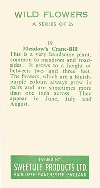 Meadows Crane-Bill. Picture. Trade Card. Sweetule 'Wild Flowers' 1960