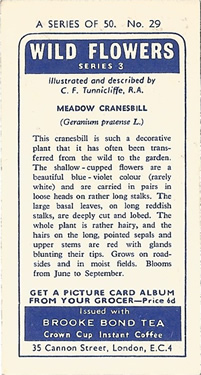 Meadow Cranesbill. Picture. Cigarette Card. Brooke Bond Wild Flowers, Series 3, 1964