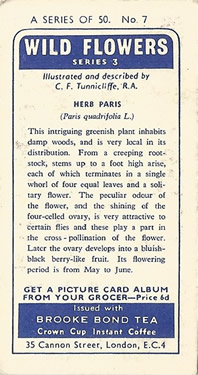 Herb-paris: Paris quadrifolia. Tea card. Brooke Bond, 1964.