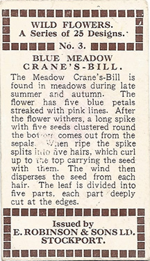 Meadow Crane’s-bill: Geranium pratense. Blue wild flower. Cigarette card. Robinson 1915.